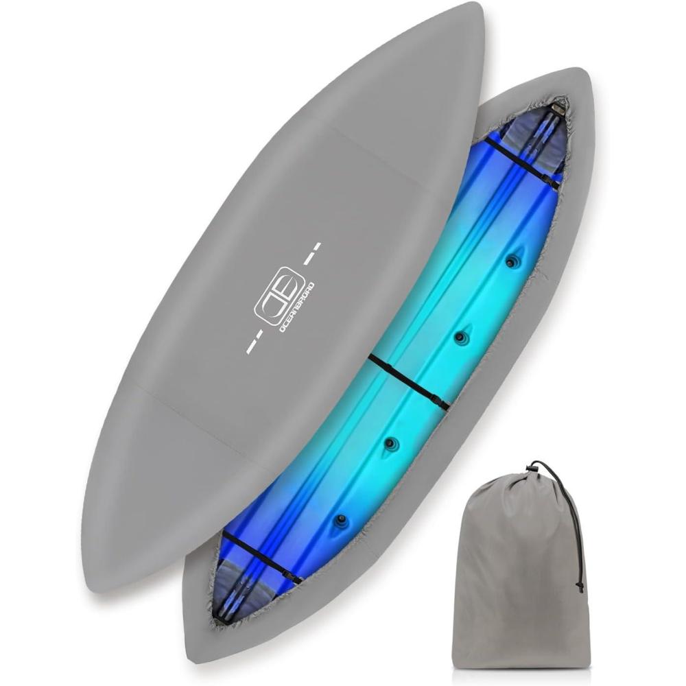 imageOCEANBROAD Kayak Cover WaterResistant UVResistant Kayak Canoe Fishing Boat Dust Covers for Outdoor Storage Suitable for 10812ft Length Up to 38in Width 300D Black420D Gray