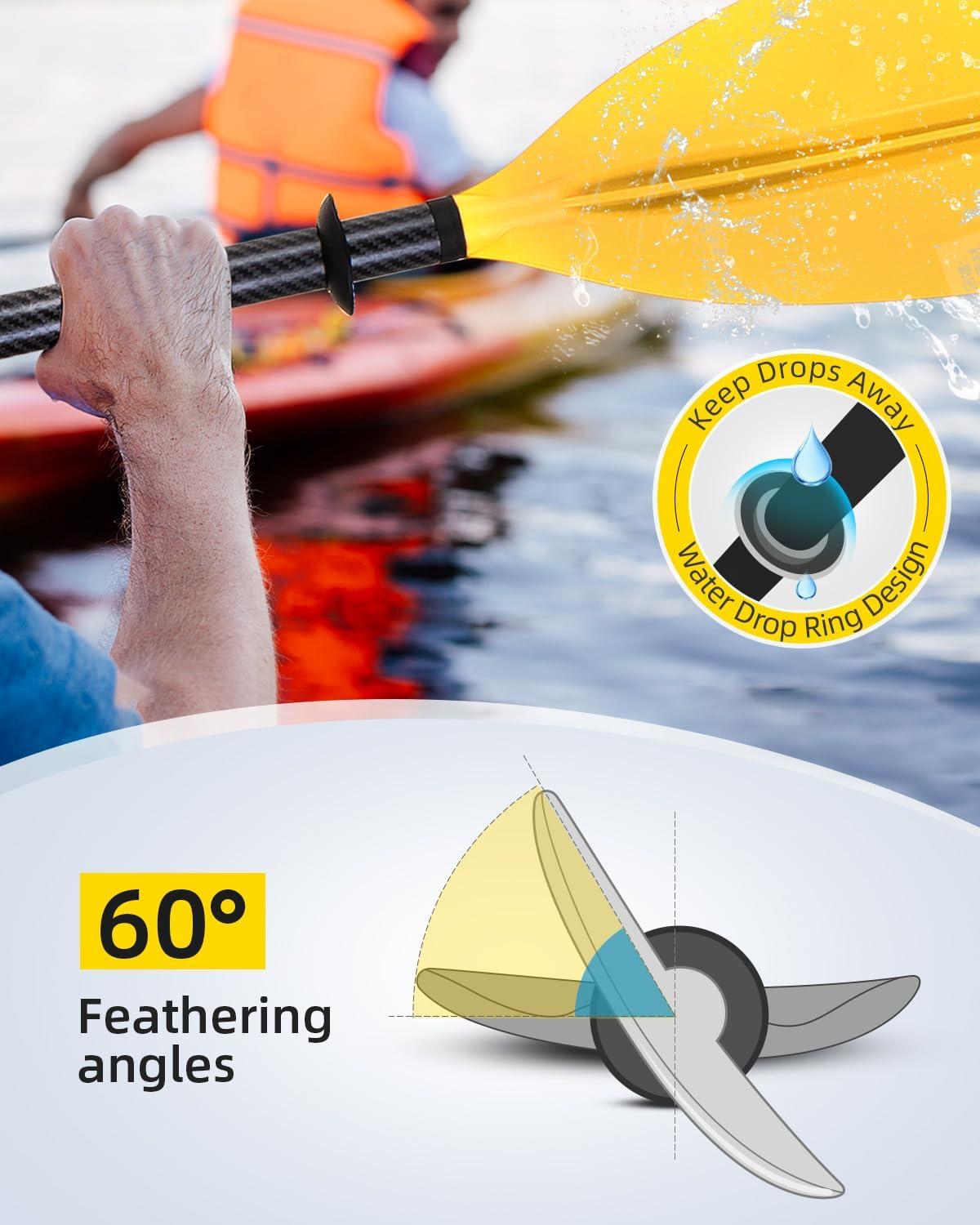 imageOCEANBROAD Adjustable Carbon Fiber Kayak Paddle 86in220cm to 94in240cm Kayaking Oar for Adults with Paddle Leash 1 PaddleYellow