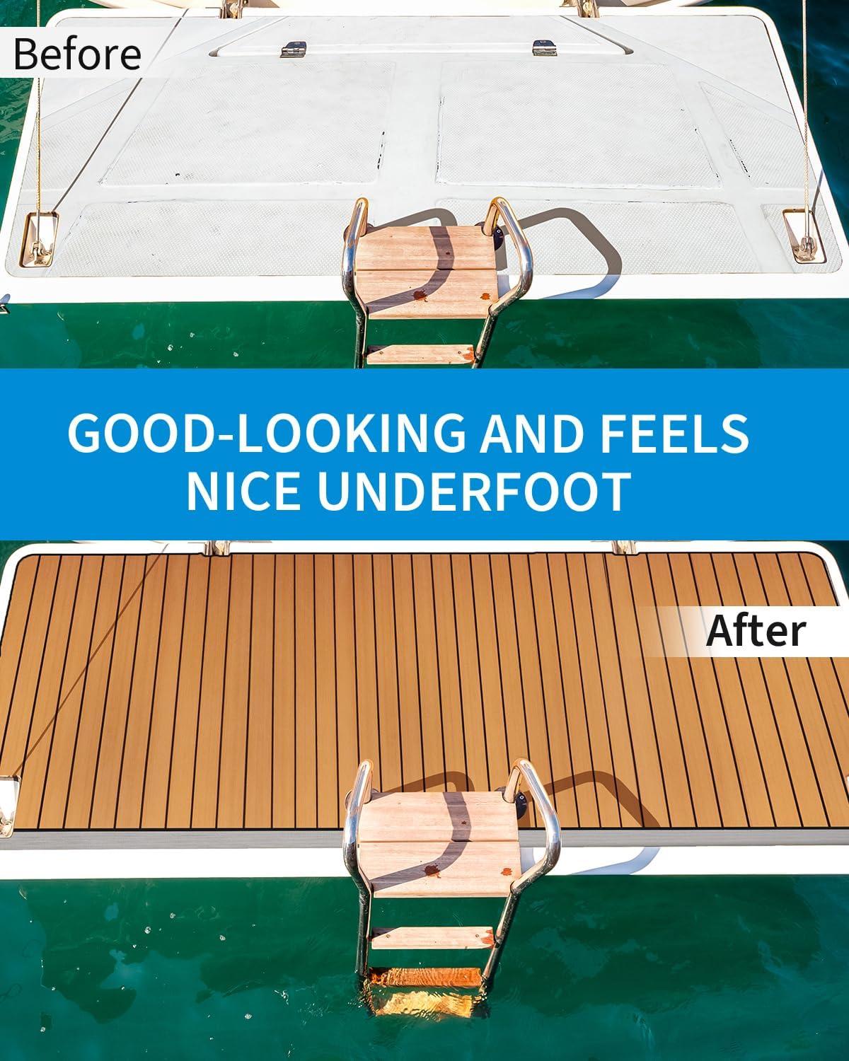 imageOCEANBROAD Boat Flooring with 3M 99786 High Strength Adhesive Backing EVA Foam SelfAdhesive 96x456 Faux Teak Marine Decking Sheet for Jon Boats Yacht RV FloorCamel Brown with Black Lines