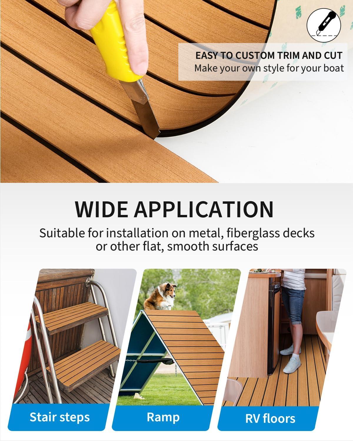 imageOCEANBROAD Boat Flooring with 3M 99786 High Strength Adhesive Backing EVA Foam SelfAdhesive 96x456 Faux Teak Marine Decking Sheet for Jon Boats Yacht RV FloorCamel Brown with Black Lines