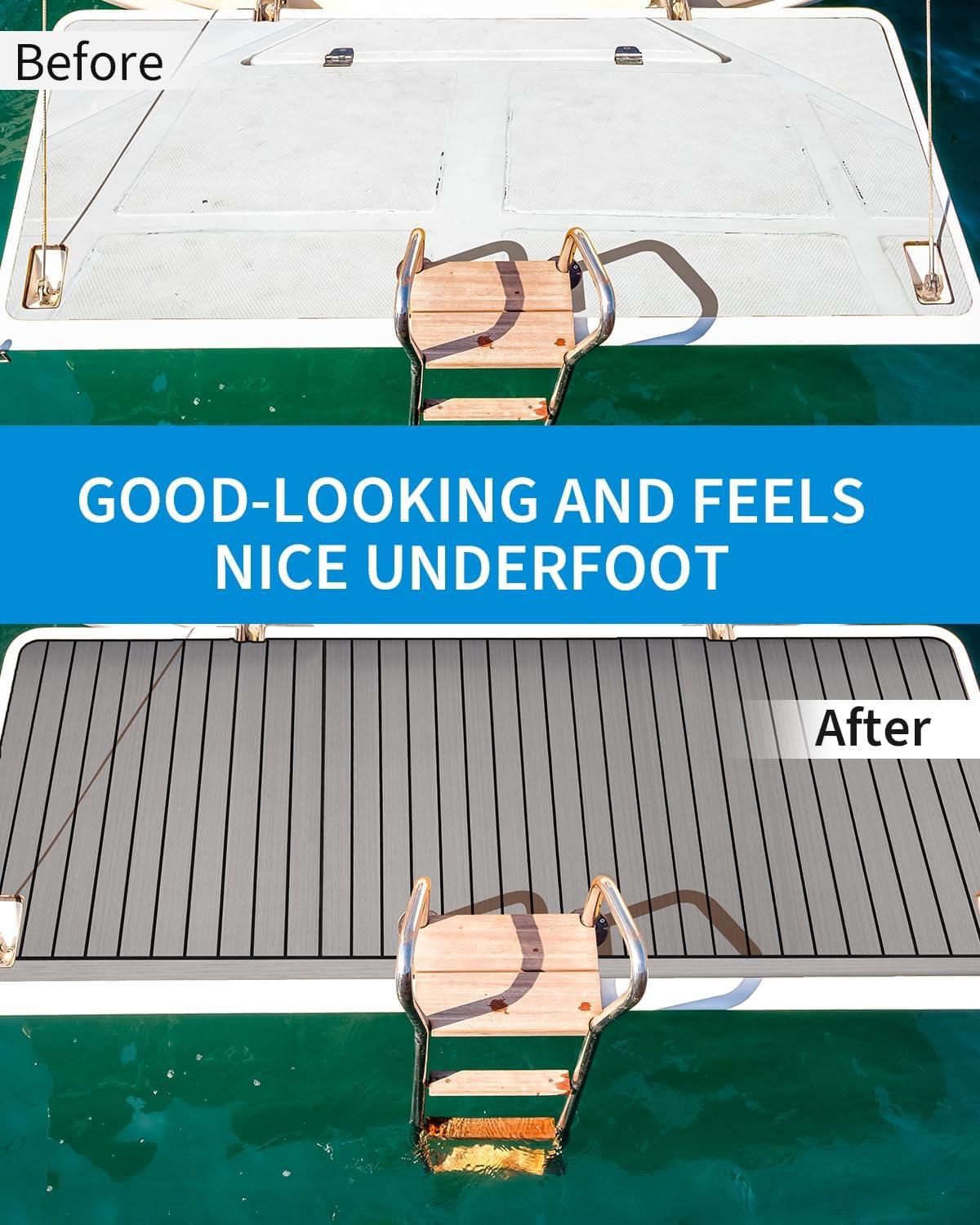 imageOCEANBROAD Boat Flooring with 3M 99786 High Strength Adhesive Backing EVA Foam SelfAdhesive 96x456 Faux Teak Marine Decking Sheet for Jon Boats Yacht RV FloorGray with Black Lines