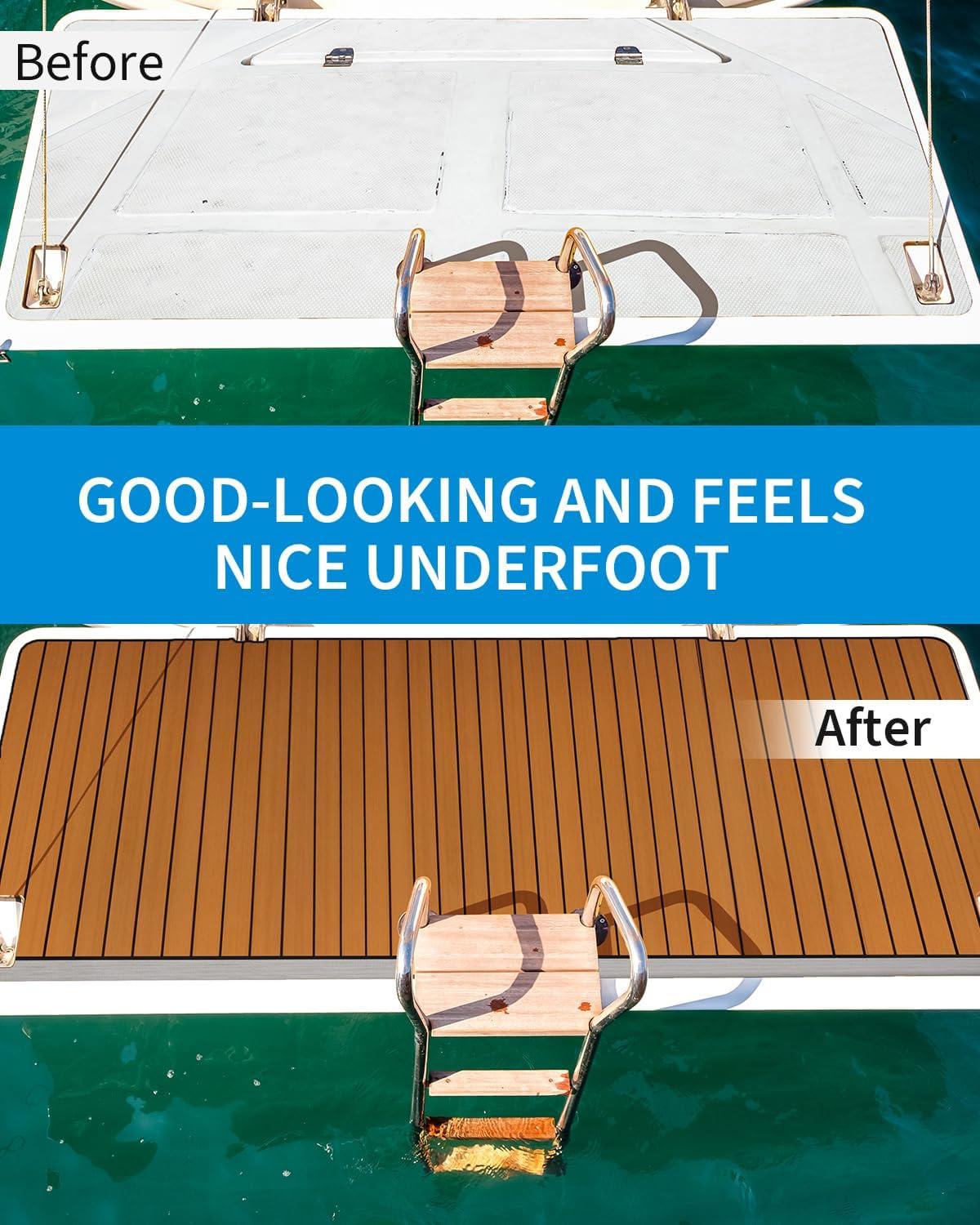 imageOCEANBROAD Boat Flooring with 3M 99786 High Strength Adhesive Backing EVA Foam SelfAdhesive 96x456 Faux Teak Marine Decking Sheet for Jon Boats Yacht RV FloorBrown with Black Lines