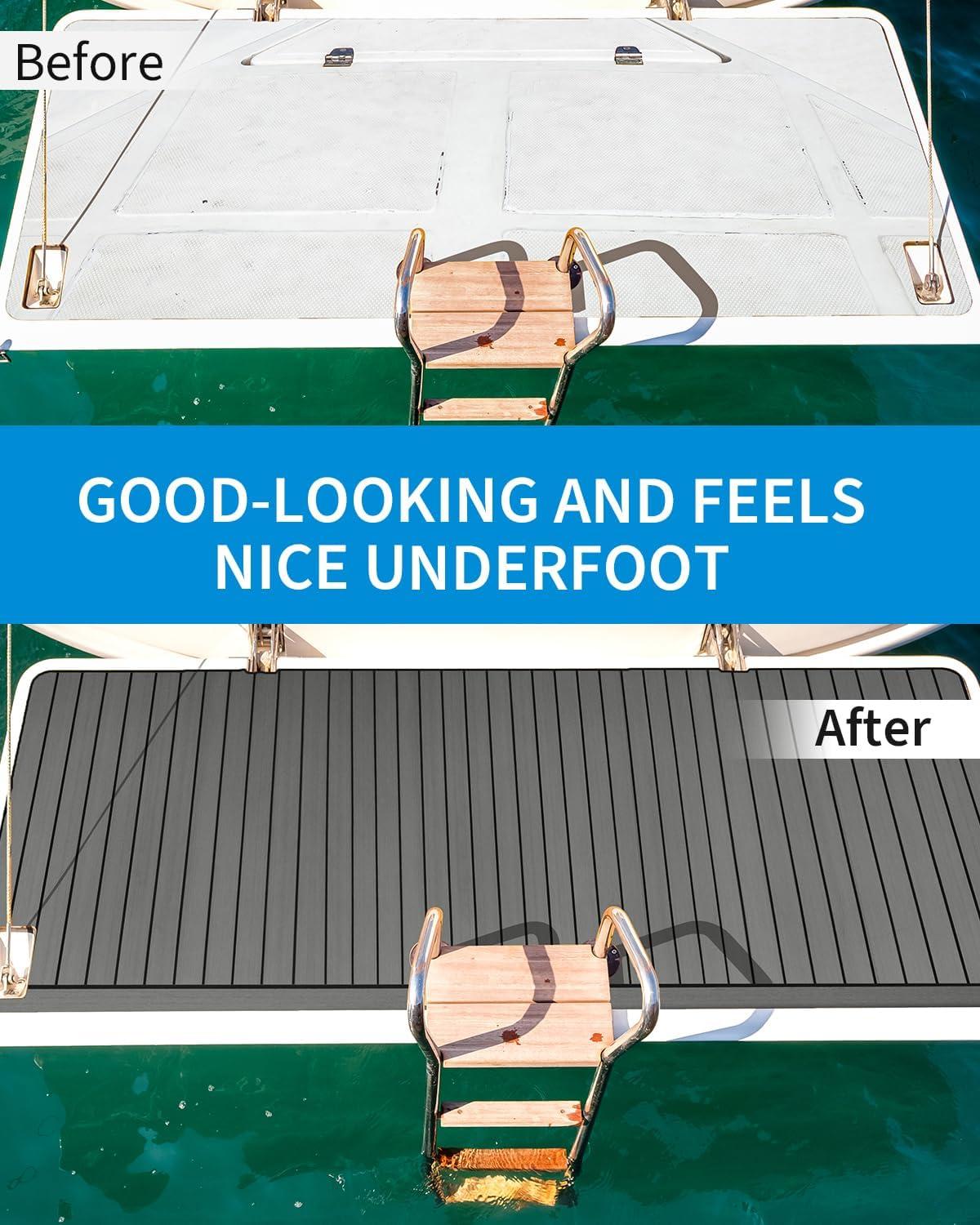 imageOCEANBROAD Boat Flooring with 3M 99786 High Strength Adhesive Backing EVA Foam SelfAdhesive 96x456 Faux Teak Marine Decking Sheet for Jon Boats Yacht RV FloorDark Gray with Black Lines