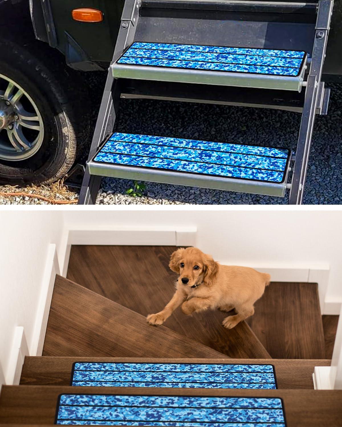 imageOCEANBROAD EVA Foam RV Step Cover 16L x 65W 4 Pack with Self Adhesive for Ladders Trailers Truck Campers Stair Treads Camouflage BlueCamo Blue