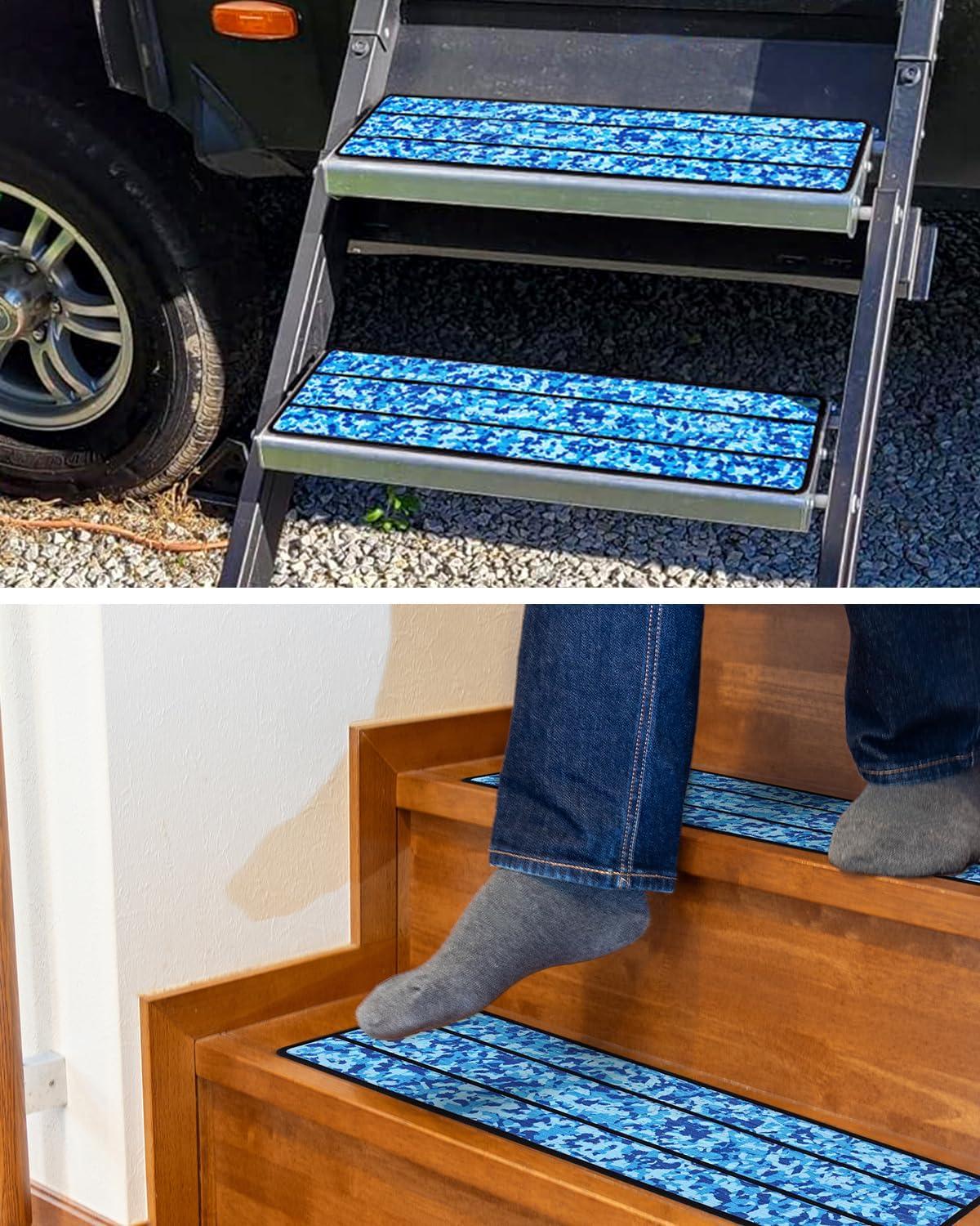 imageOCEANBROAD EVA Foam RV Step Cover 16L x 65W 4 Pack with Self Adhesive for Ladders Trailers Truck Campers Stair Treads Camouflage BlueCamo Blue