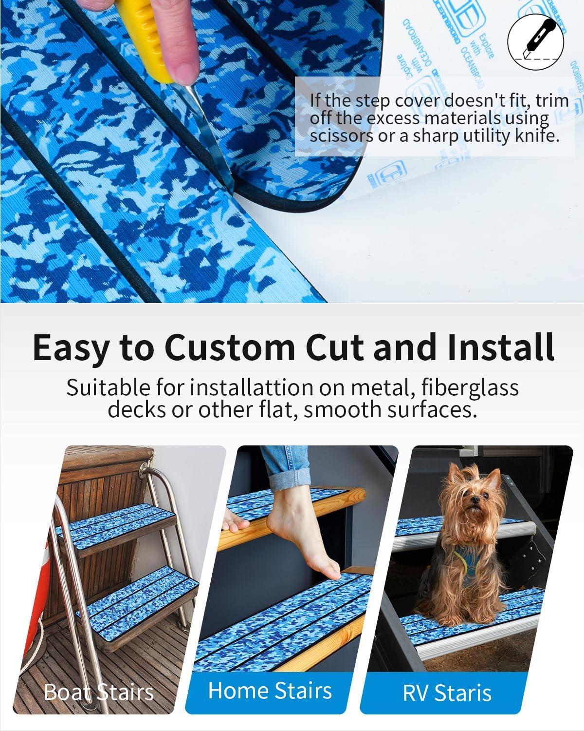 imageOCEANBROAD EVA Foam RV Step Cover 16L x 65W 4 Pack with Self Adhesive for Ladders Trailers Truck Campers Stair Treads Camouflage BlueCamo Blue