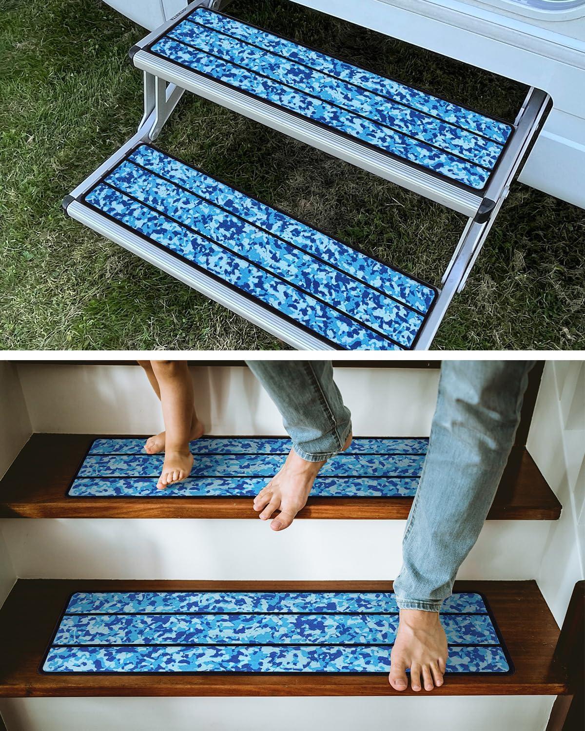 imageOCEANBROAD EVA Foam RV Step Cover 16L x 65W 4 Pack with Self Adhesive for Ladders Trailers Truck Campers Stair Treads Camouflage BlueCamo Blue