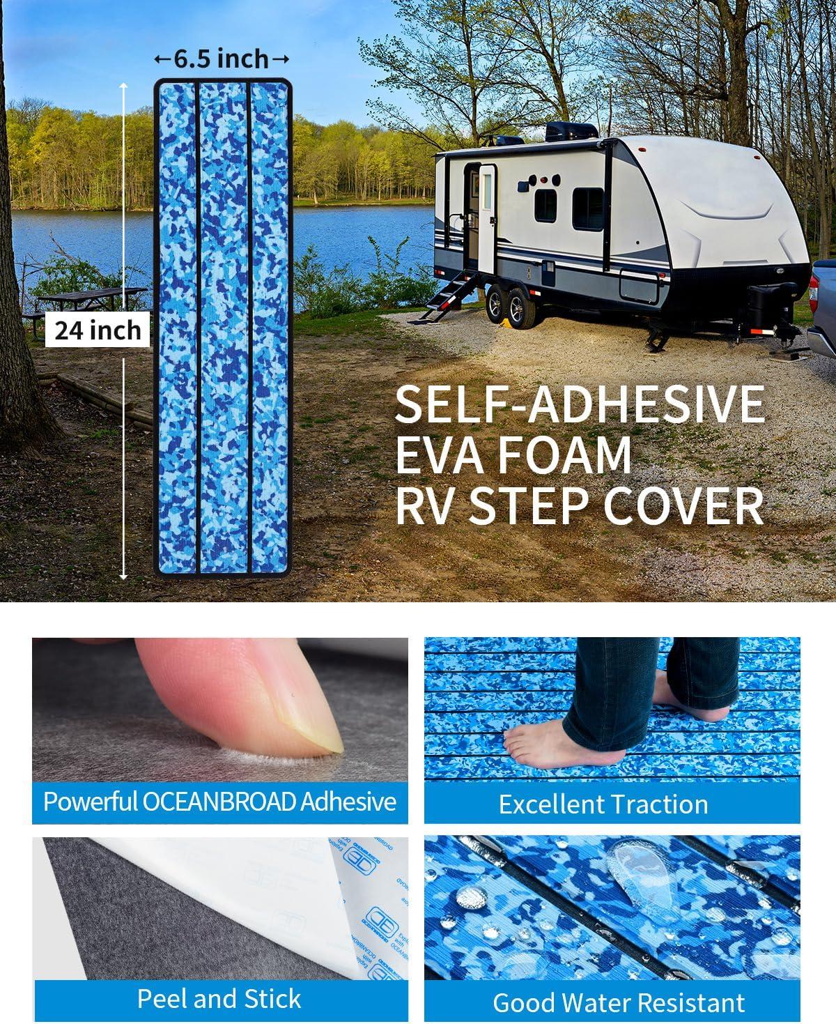 imageOCEANBROAD EVA Foam RV Step Cover 16L x 65W 4 Pack with Self Adhesive for Ladders Trailers Truck Campers Stair Treads Camouflage BlueCamo Blue