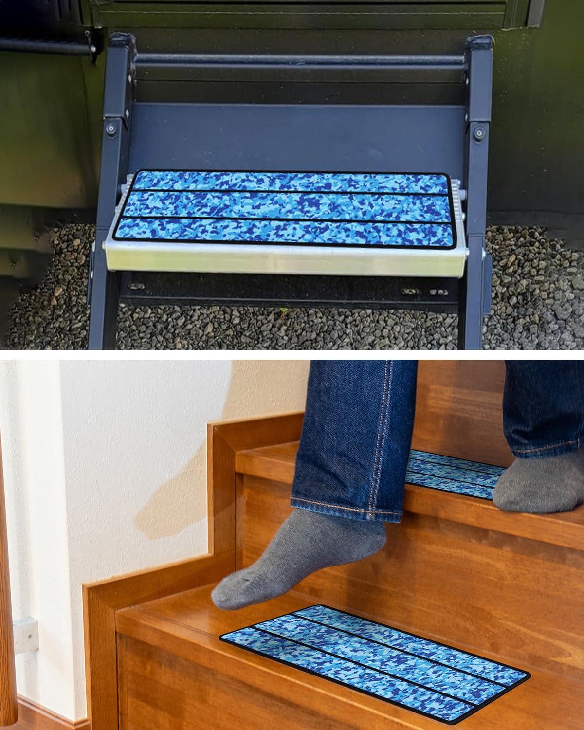 imageOCEANBROAD EVA Foam RV Step Cover 16L x 65W 4 Pack with Self Adhesive for Ladders Trailers Truck Campers Stair Treads Camouflage BlueCamo Blue