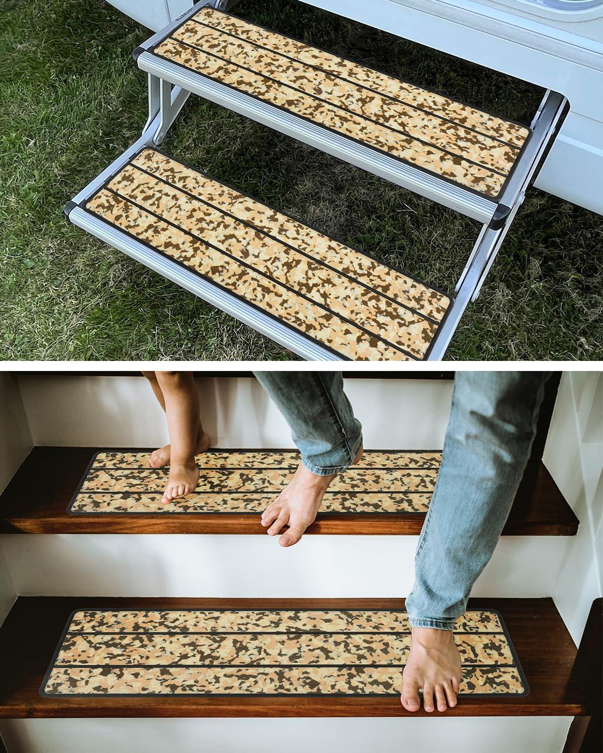 imageOCEANBROAD EVA Foam RV Step Cover 16L x 65W 4 Pack with Self Adhesive for Ladders Trailers Truck Campers Stair Treads Camouflage BlueCamo Brown