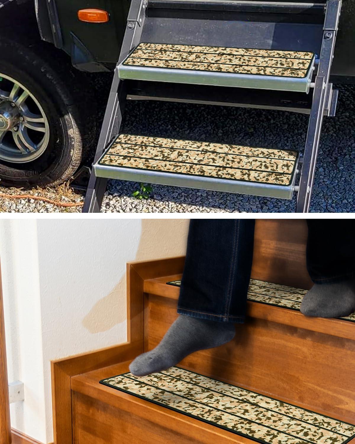 imageOCEANBROAD EVA Foam RV Step Cover 16L x 65W 4 Pack with Self Adhesive for Ladders Trailers Truck Campers Stair Treads Camouflage BlueCamo Brown
