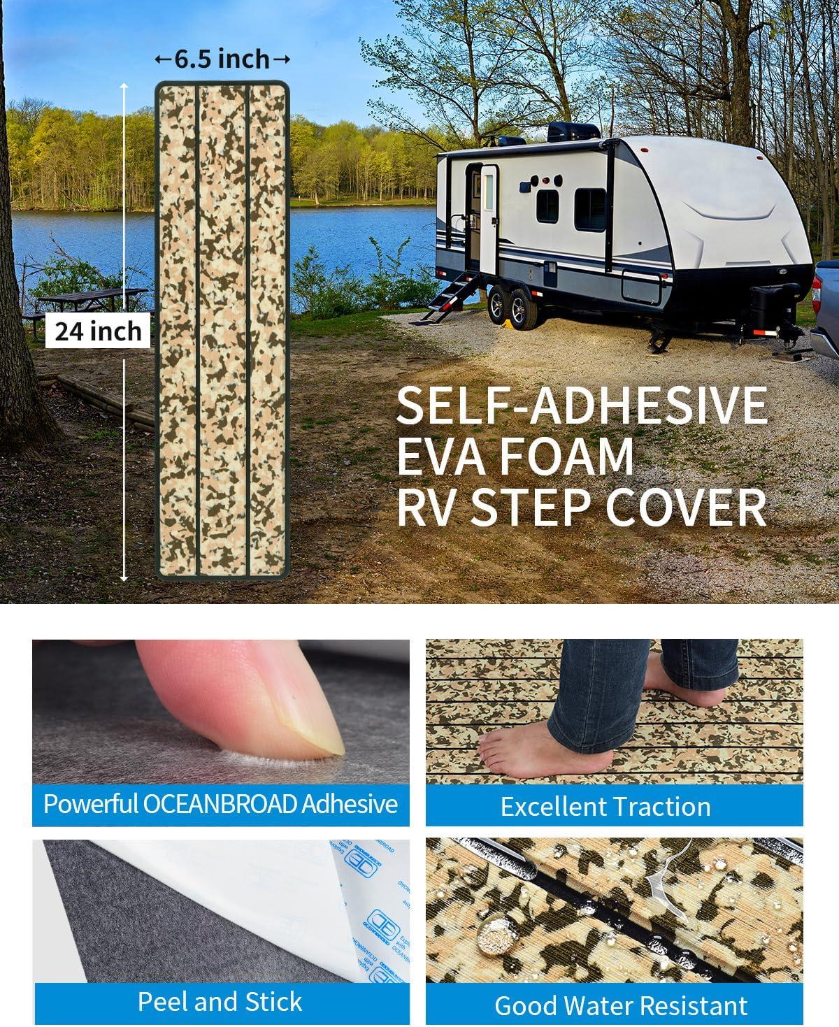 imageOCEANBROAD EVA Foam RV Step Cover 16L x 65W 4 Pack with Self Adhesive for Ladders Trailers Truck Campers Stair Treads Camouflage BlueCamo Brown