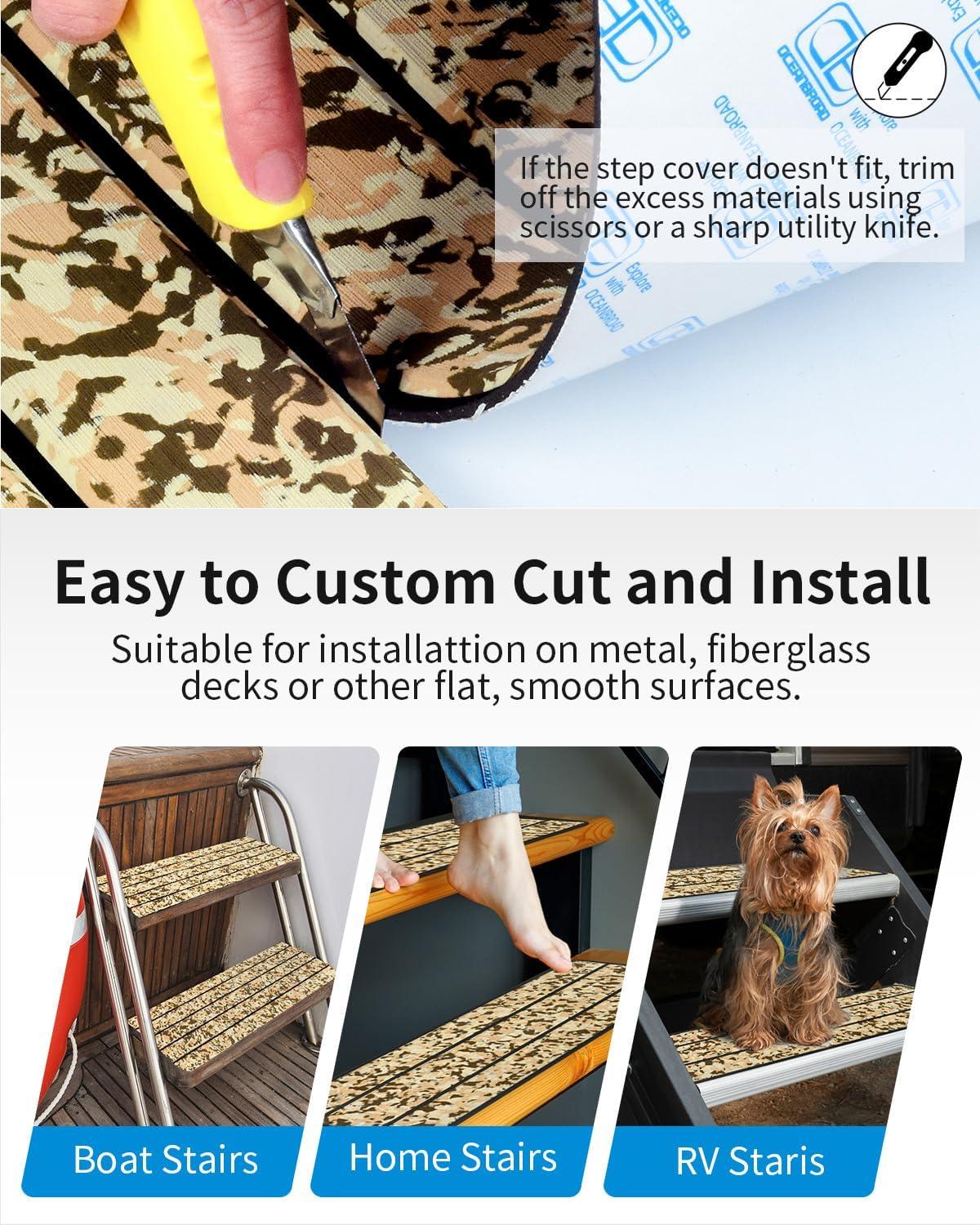 imageOCEANBROAD EVA Foam RV Step Cover 16L x 65W 4 Pack with Self Adhesive for Ladders Trailers Truck Campers Stair Treads Camouflage BlueCamo Brown