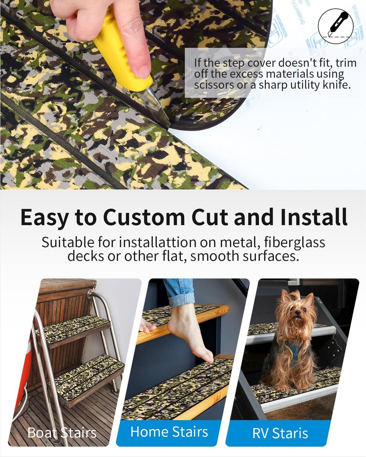 imageOCEANBROAD EVA Foam RV Step Cover 16L x 65W 4 Pack with Self Adhesive for Ladders Trailers Truck Campers Stair Treads Camouflage BlueCamo Green