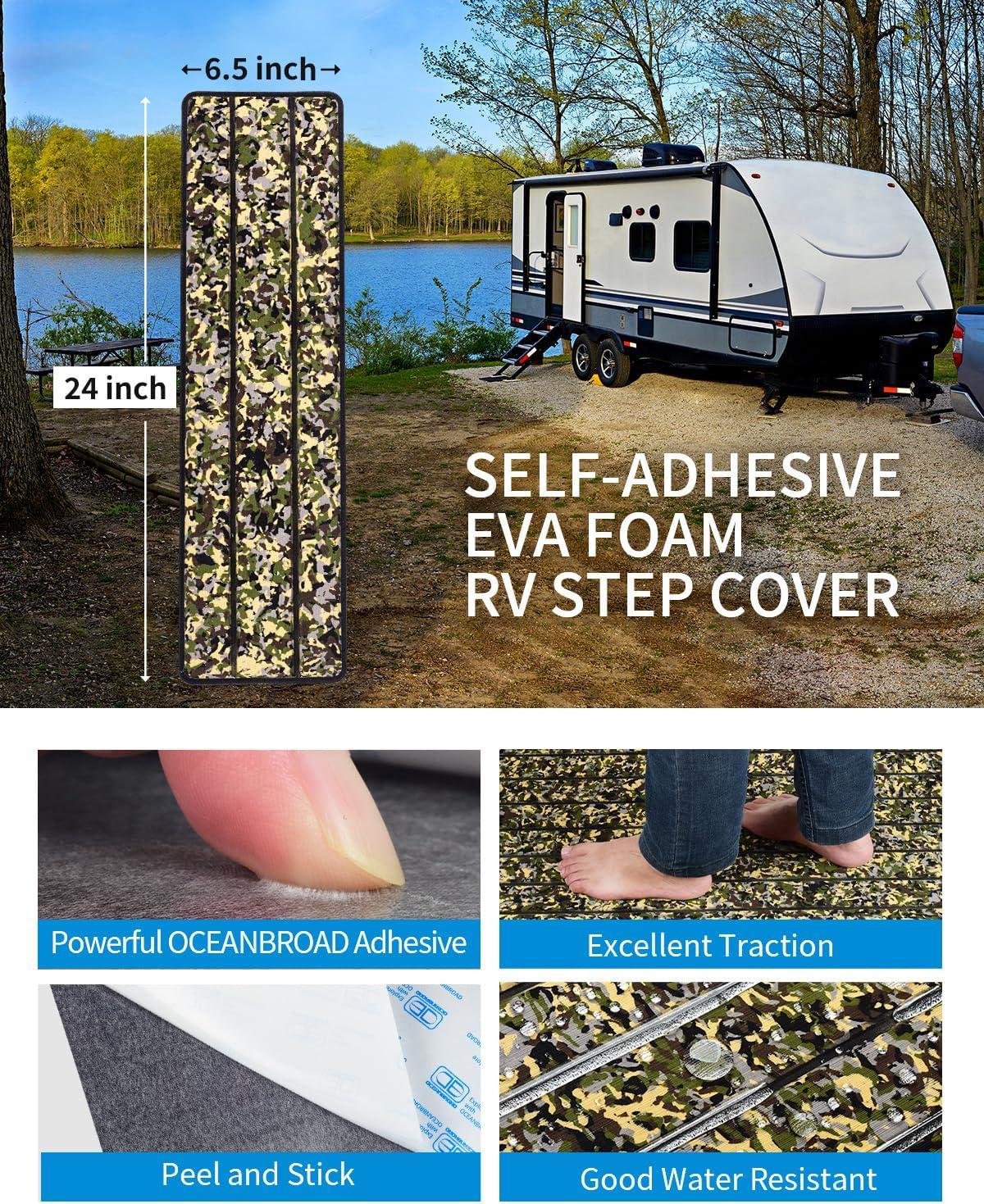 imageOCEANBROAD EVA Foam RV Step Cover 16L x 65W 4 Pack with Self Adhesive for Ladders Trailers Truck Campers Stair Treads Camouflage BlueCamo Green