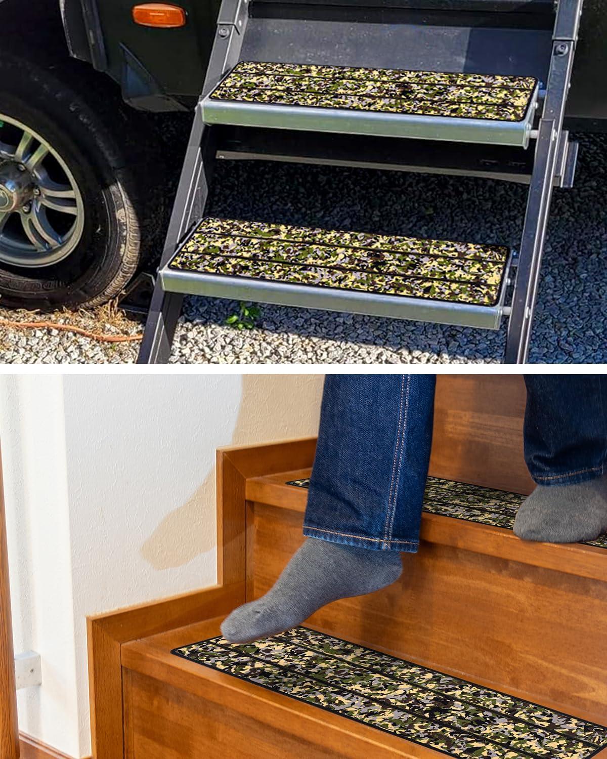 imageOCEANBROAD EVA Foam RV Step Cover 16L x 65W 4 Pack with Self Adhesive for Ladders Trailers Truck Campers Stair Treads Camouflage BlueCamo Green