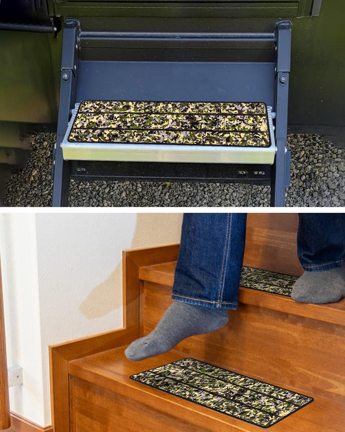 imageOCEANBROAD EVA Foam RV Step Cover 16L x 65W 4 Pack with Self Adhesive for Ladders Trailers Truck Campers Stair Treads Camouflage BlueCamo Green