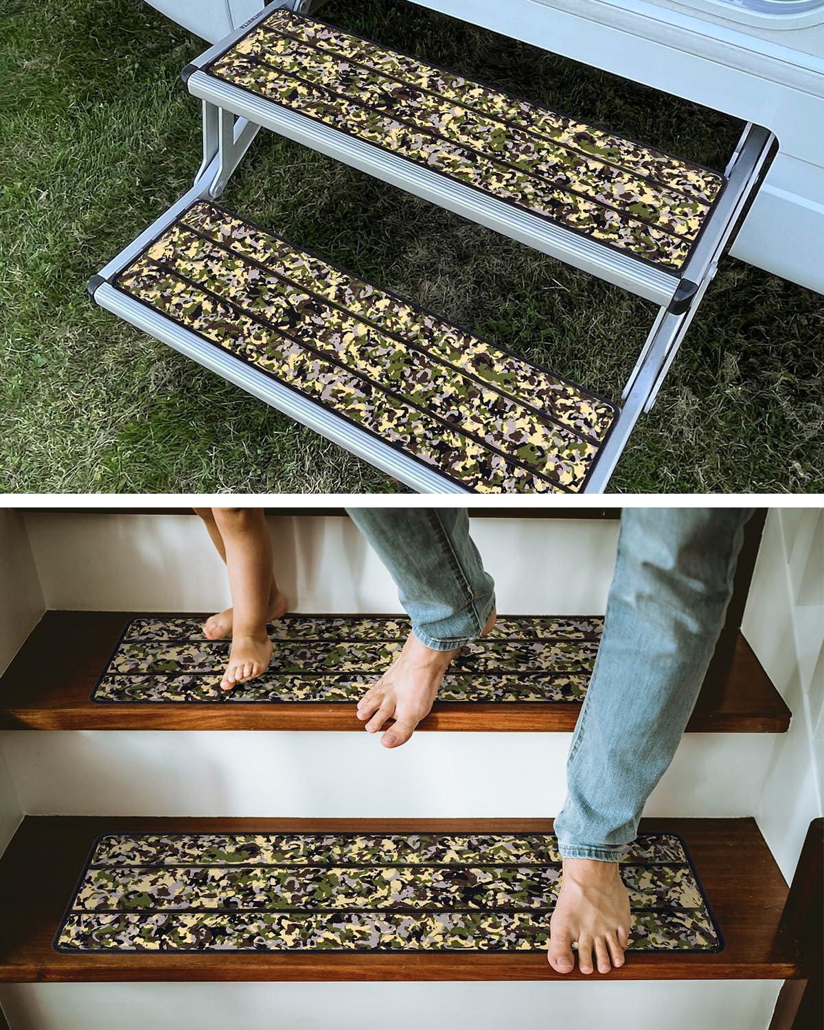 imageOCEANBROAD EVA Foam RV Step Cover 16L x 65W 4 Pack with Self Adhesive for Ladders Trailers Truck Campers Stair Treads Camouflage BlueCamo Green