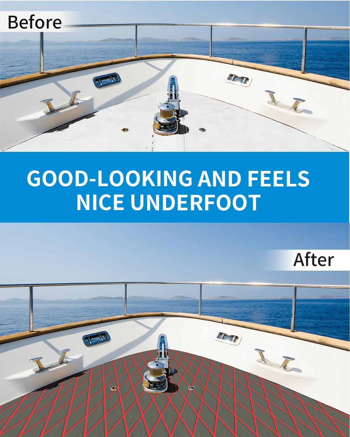 imageOCEANBROAD SelfAdhesive CNC Cut Diamond Pattern Boat Flooring EVA Foam Marine Boat Decking Sheet NonSlip Mat for Boats Yacht Helm Pad RV FloorDark Gray with Red Lines