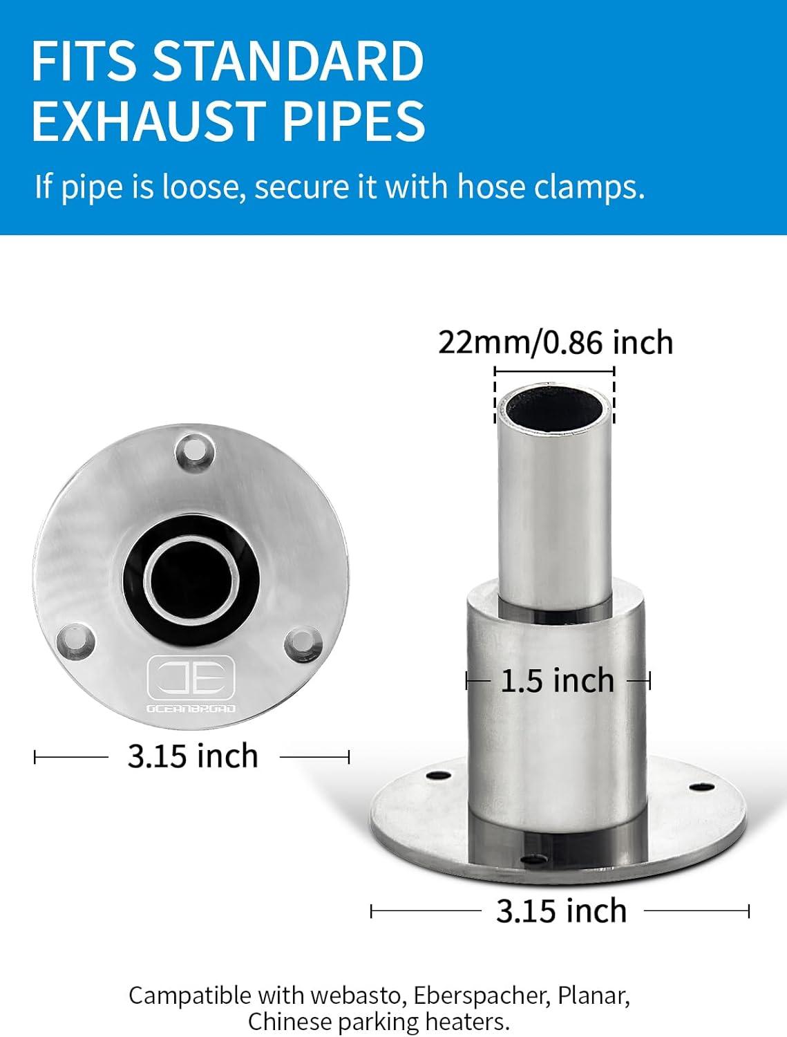 imageOCEANBROAD Stainless Steel 316 Thru Hull Exhaust Fitting 22mm24mm Hose Pipe Marine Exhaust Port for Webasto Planar Eberspacher Chinese Diesel Parking heaters with Bolts and Nuts22 mm