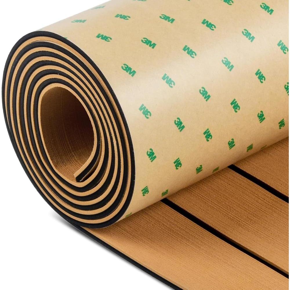 imageOCEANBROAD Boat Flooring with 3M 99786 High Strength Adhesive Backing EVA Foam SelfAdhesive 96x456 Faux Teak Marine Decking Sheet for Jon Boats Yacht RV FloorCamel Brown with Black Lines