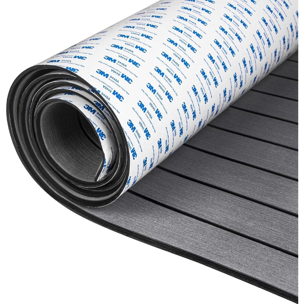 imageOCEANBROAD EVA Foam Boat Flooring with 3M Adhesive Backing Marine SelfAdhesive Decking 96x45636288168 48x168 Faux Teak Sheet for Jon Boats Swim Platform Helm Pad RV FloorDark Gray with Black Seam Lines