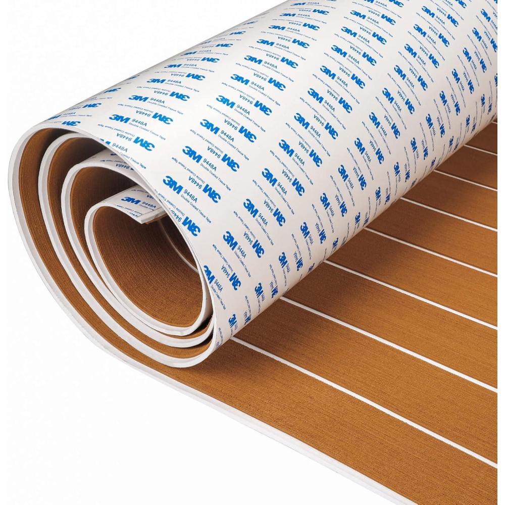 imageOCEANBROAD EVA Foam Boat Flooring with 3M Adhesive Backing Marine SelfAdhesive Decking 96x45636288168 48x168 Faux Teak Sheet for Jon Boats Swim Platform Helm Pad RV FloorBrown with White Seam Lines