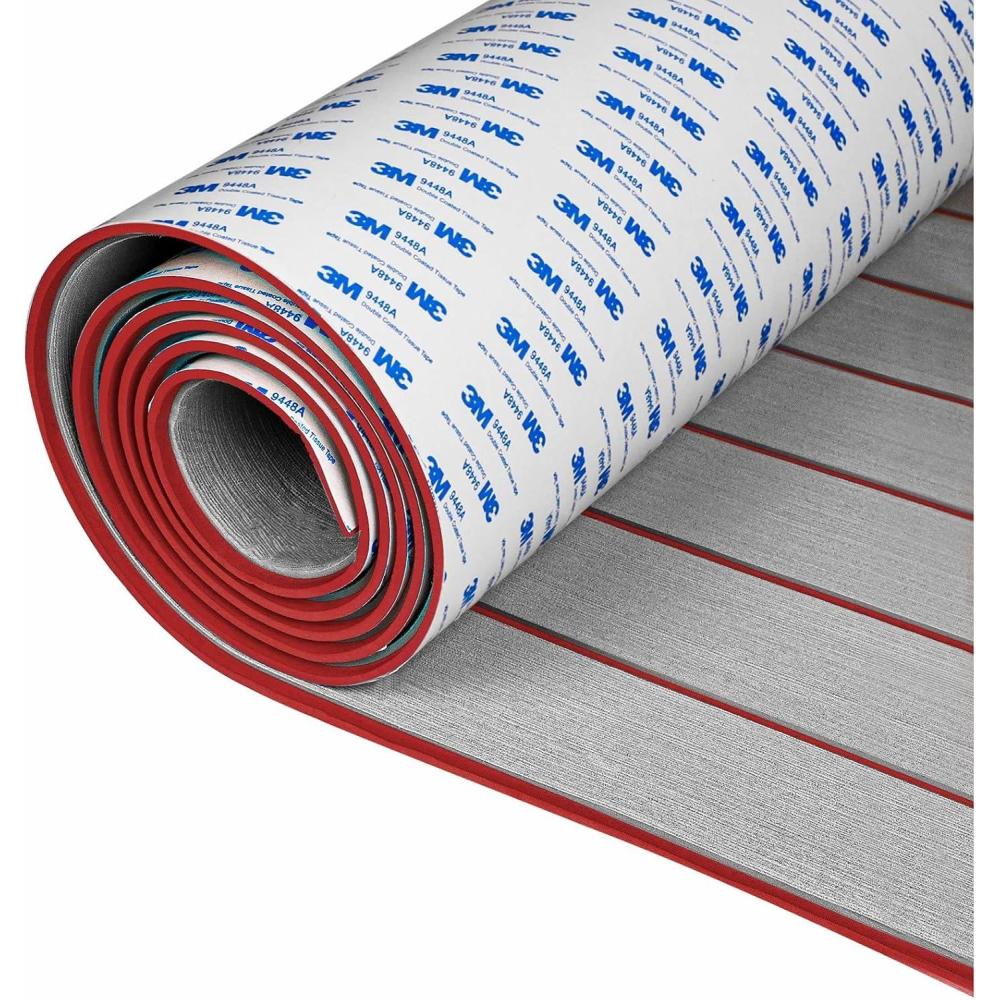 imageOCEANBROAD EVA Foam Boat Flooring with 3M Adhesive Backing Marine SelfAdhesive Decking 96x45636288168 48x168 Faux Teak Sheet for Jon Boats Swim Platform Helm Pad RV FloorGray with Red Seam Lines