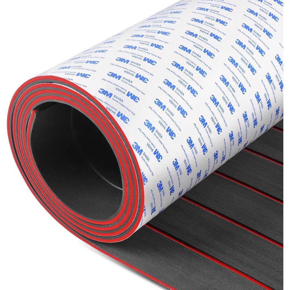 imageOCEANBROAD EVA Foam Boat Flooring with 3M Adhesive Backing Marine SelfAdhesive Decking 96x45636288168 48x168 Faux Teak Sheet for Jon Boats Swim Platform Helm Pad RV FloorDark Gray with Red Seam Lines