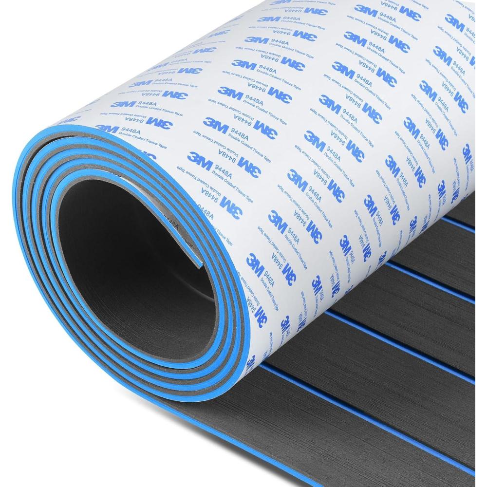 imageOCEANBROAD EVA Foam Boat Flooring with 3M Adhesive Backing Marine SelfAdhesive Decking 96x45636288168 48x168 Faux Teak Sheet for Jon Boats Swim Platform Helm Pad RV FloorDark Gray with Blue Seam Lines