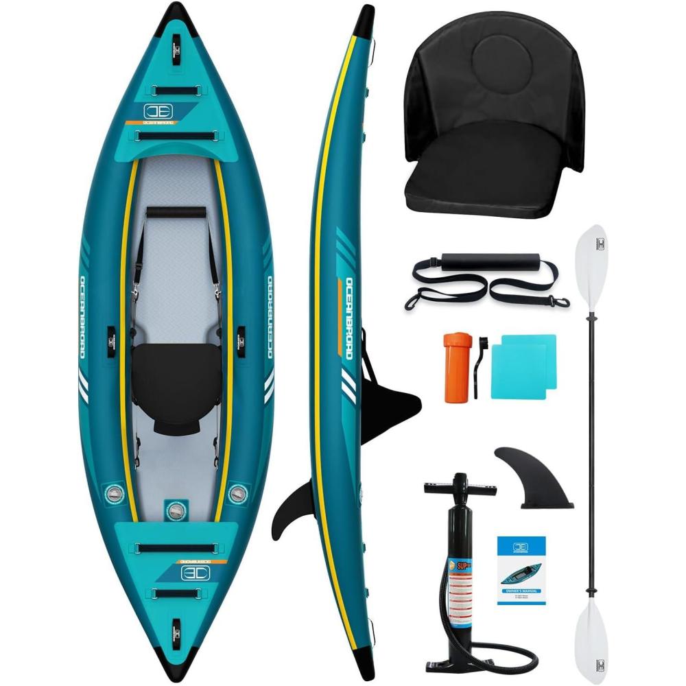 imageOCEANBROAD Inflatable Sitin KayakNO HIN 1 Person2 Person Blow Up Kayak for Adults with Paddle Kayak Seat Pedal Hand Pump and Bag BlueSky BlueBlue105ft1 seat