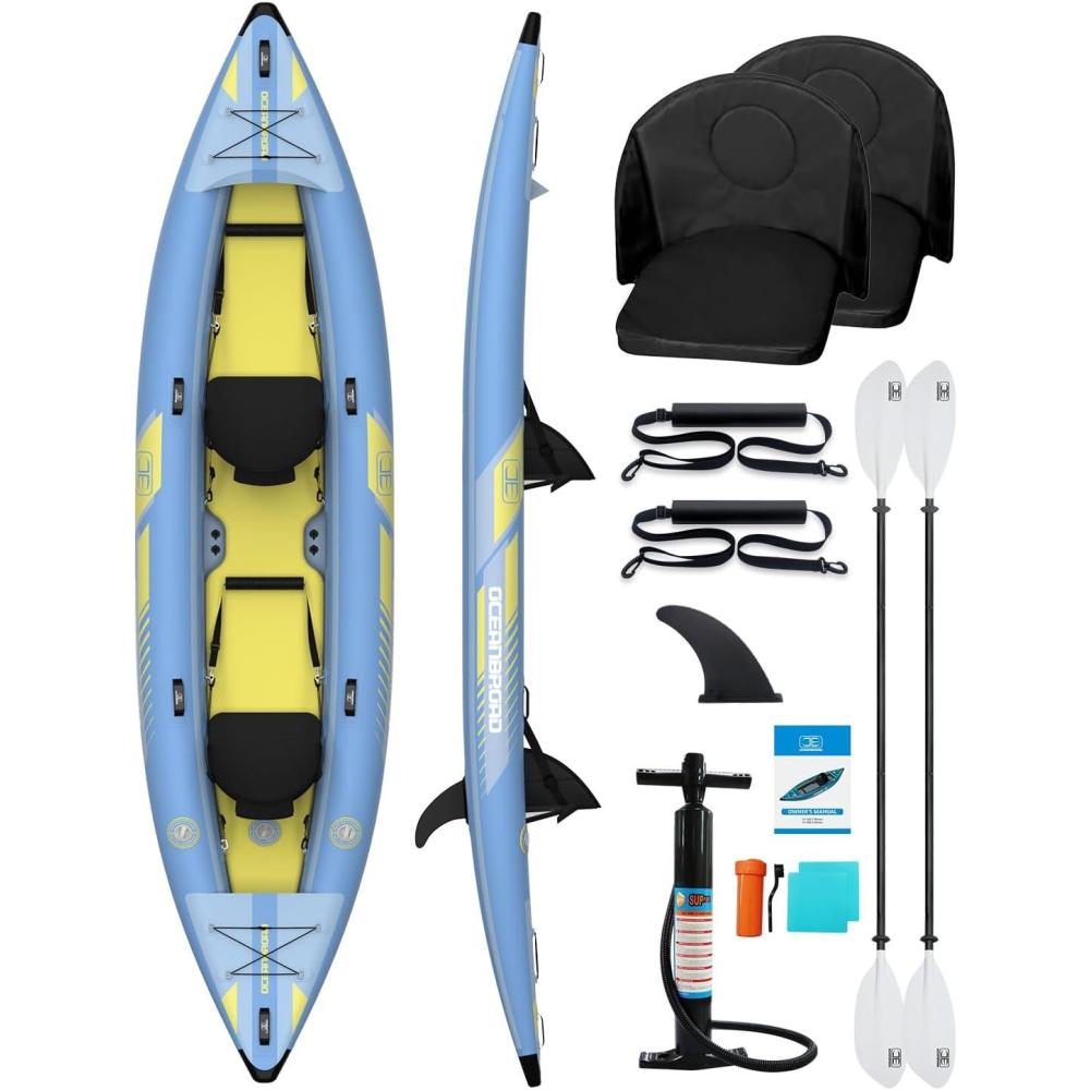 imageOCEANBROAD Inflatable Sitin KayakNO HIN 1 Person2 Person Blow Up Kayak for Adults with Paddle Kayak Seat Pedal Hand Pump and Bag BlueSky BlueSky Blue135ft2 seats