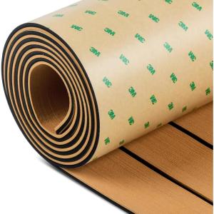 OCEANBROAD Boat Flooring with 3M 99786+ High Strength Adhesive Backing EVA Foam Self-Adhesive 96”x45.6” Faux Teak Marine Decking Sheet for Jon Boats Yacht RV Floor(Camel Brown with Black Lines)