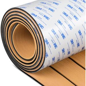 OCEANBROAD EVA Foam Boat Flooring with 3M Adhesive Backing Marine Self-Adhesive Decking 96”x45.6”/36”/28.8”/16.8”, 48”x16.8” Faux Teak Sheet for Jon Boats Swim Platform Helm Pad RV Floor(Camel Brown with Black Seam Lines)