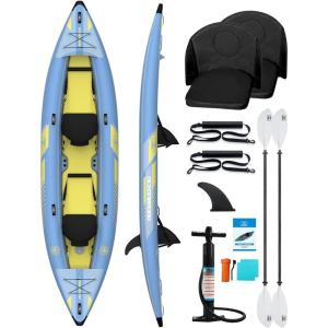 OCEANBROAD Inflatable Sit-in Kayak(NO HIN), 1 Person/2 Person Blow Up Kayak for Adults with Paddle, Kayak Seat, Pedal, Hand Pump and Bag, Blue/Sky Blue(Sky Blue-13.5ft/2 seats)
