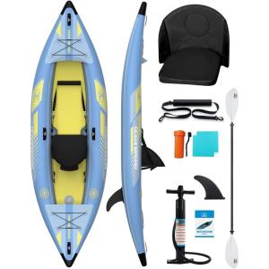 OCEANBROAD Inflatable Sit-in Kayak(NO HIN), 1 Person/2 Person Blow Up Kayak for Adults with Paddle, Kayak Seat, Pedal, Hand Pump and Bag, Blue/Sky Blue(Sky Blue-10.5ft/1 seat)