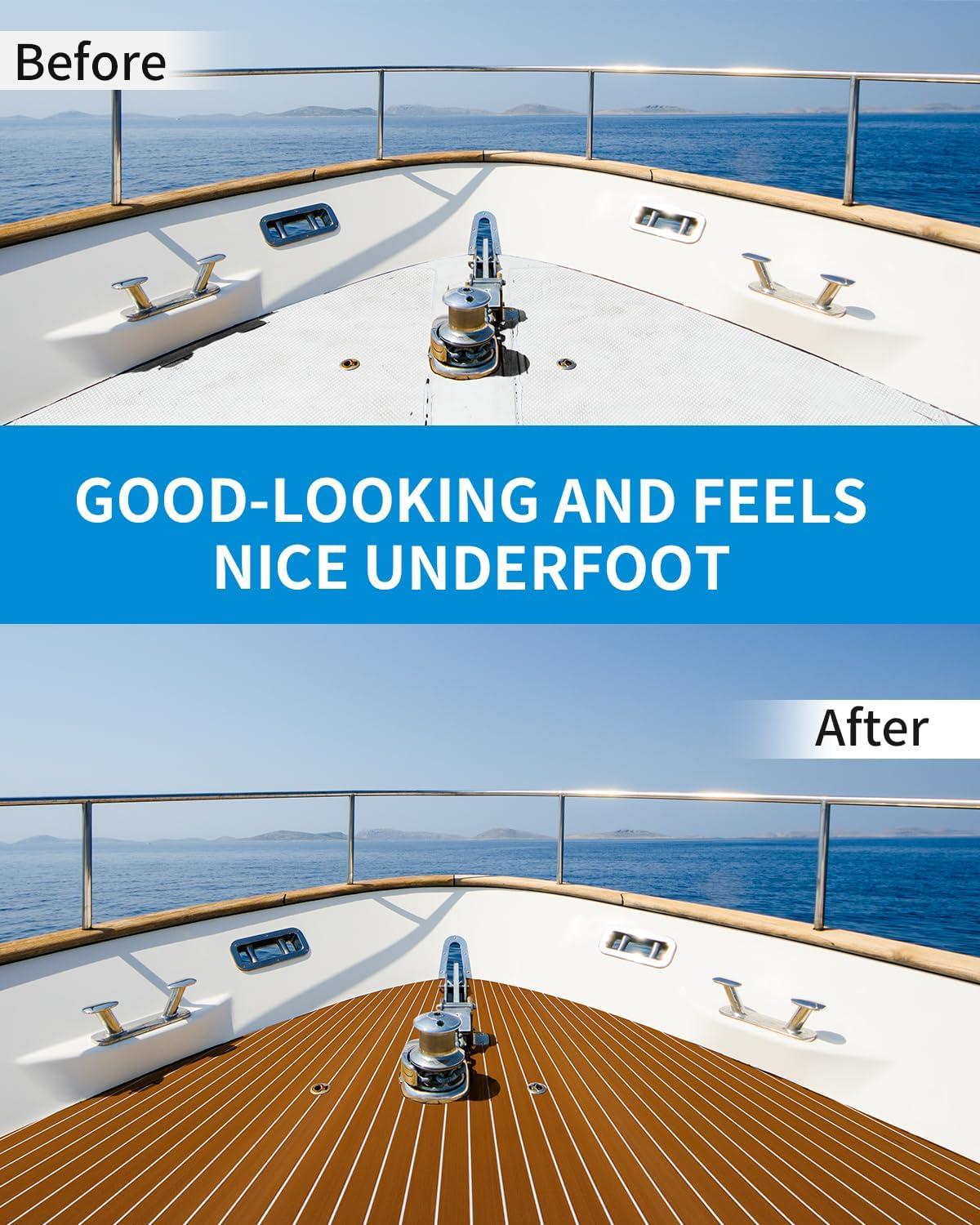 imageOCEANBROAD Boat Flooring EVA Foam SelfAdhesive 96x45636288168 Faux Teak Marine Boat Decking Sheet for Jon Boats Yacht FloorBrown with White Lines