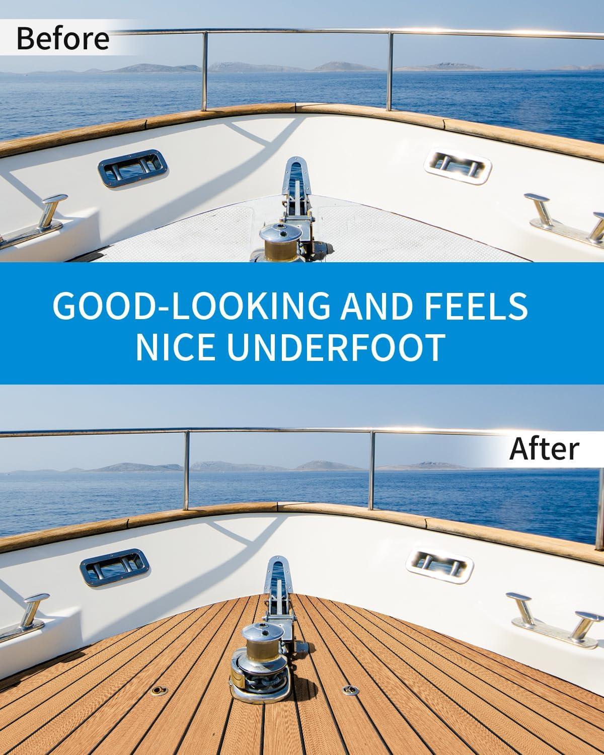 imageOCEANBROAD Boat Flooring EVA Foam SelfAdhesive 96x45636288168 Faux Teak Marine Boat Decking Sheet for Jon Boats Yacht FloorCamel Brown with Black Seam LinesBorders