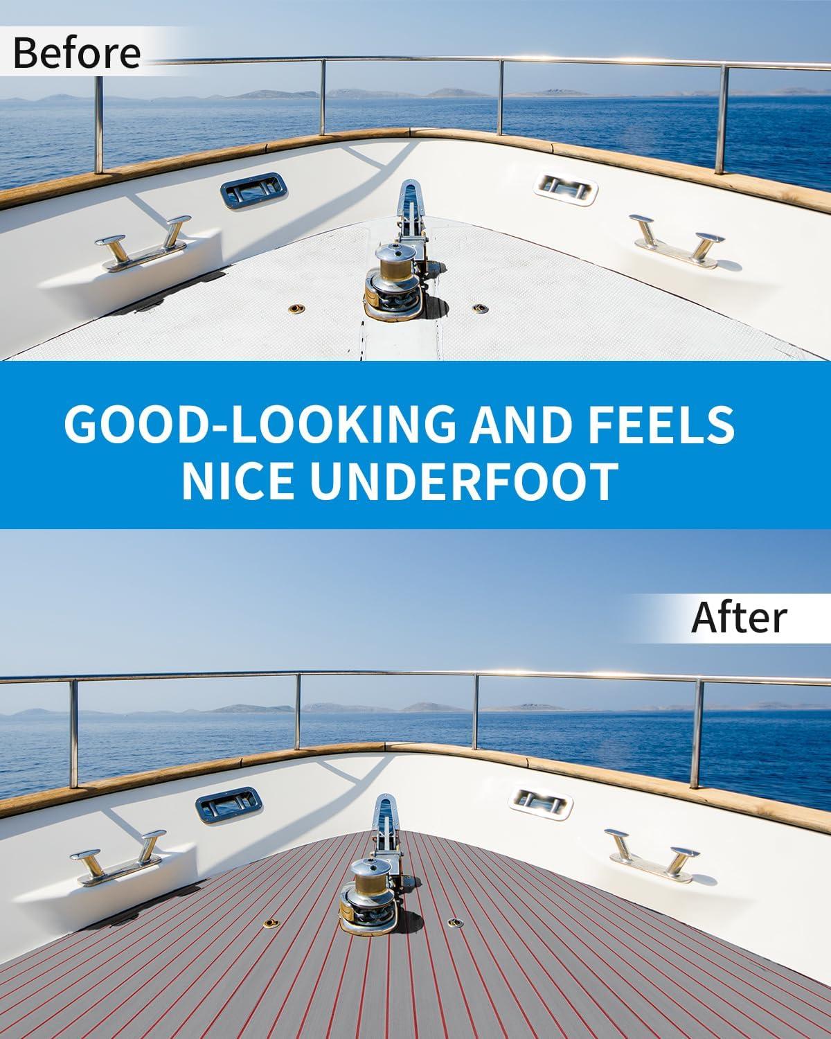 imageOCEANBROAD Boat Flooring EVA Foam SelfAdhesive 96x45636288168 Faux Teak Marine Boat Decking Sheet for Jon Boats Yacht FloorGray with Red LinesBorders