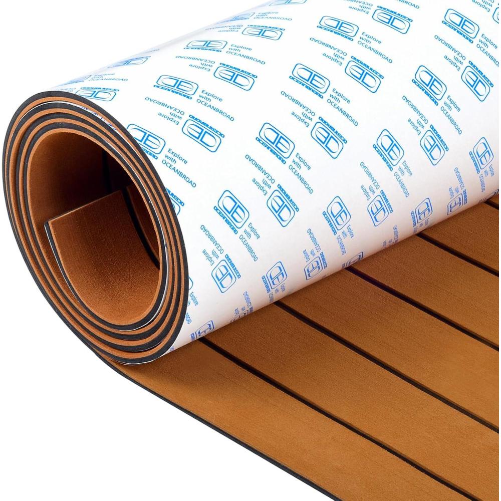 imageOCEANBROAD Boat Flooring EVA Foam SelfAdhesive 96x45636288168 Faux Teak Marine Boat Decking Sheet for Jon Boats Yacht FloorBrown with Black Lines