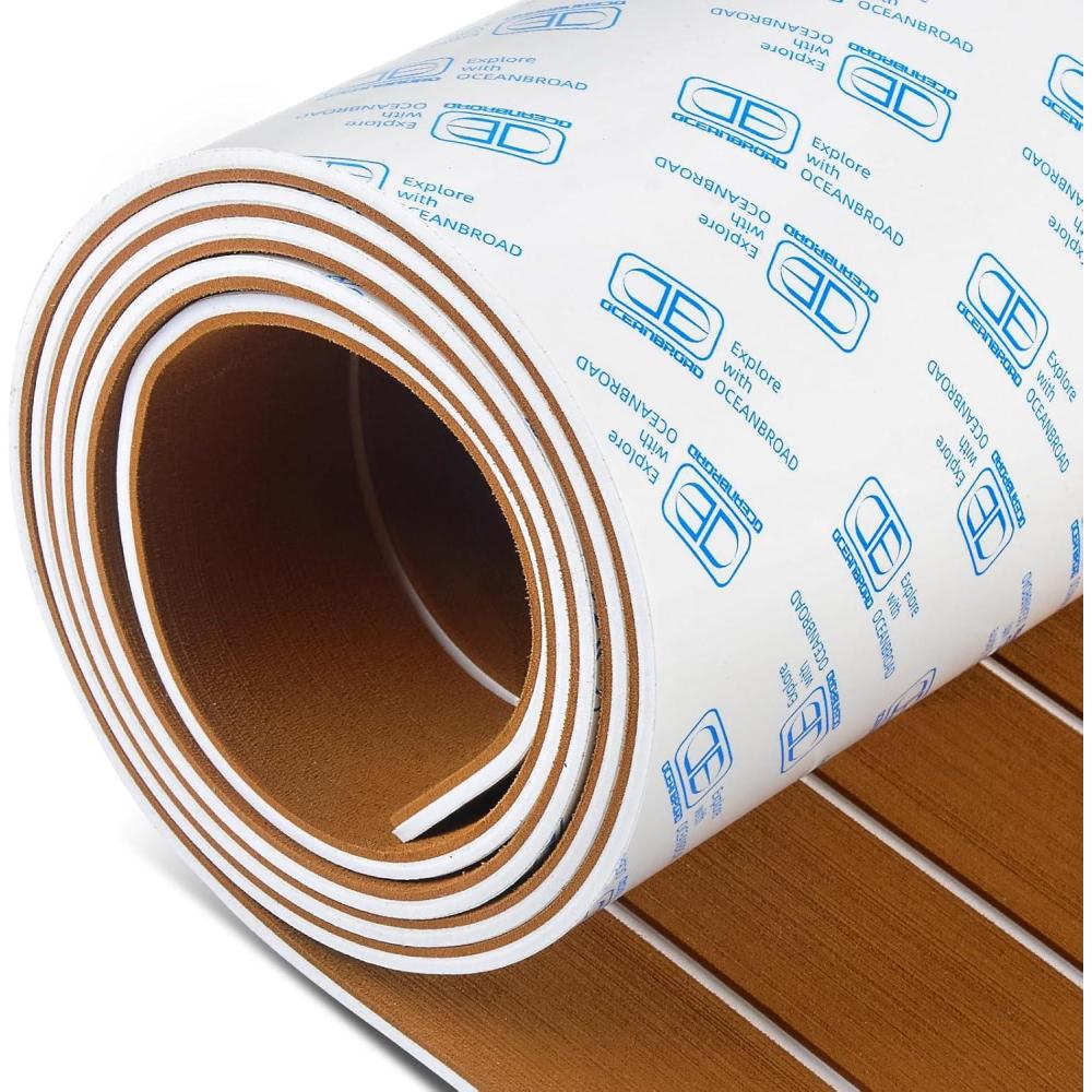imageOCEANBROAD Boat Flooring EVA Foam SelfAdhesive 96x45636288168 Faux Teak Marine Boat Decking Sheet for Jon Boats Yacht FloorBrown with White Lines