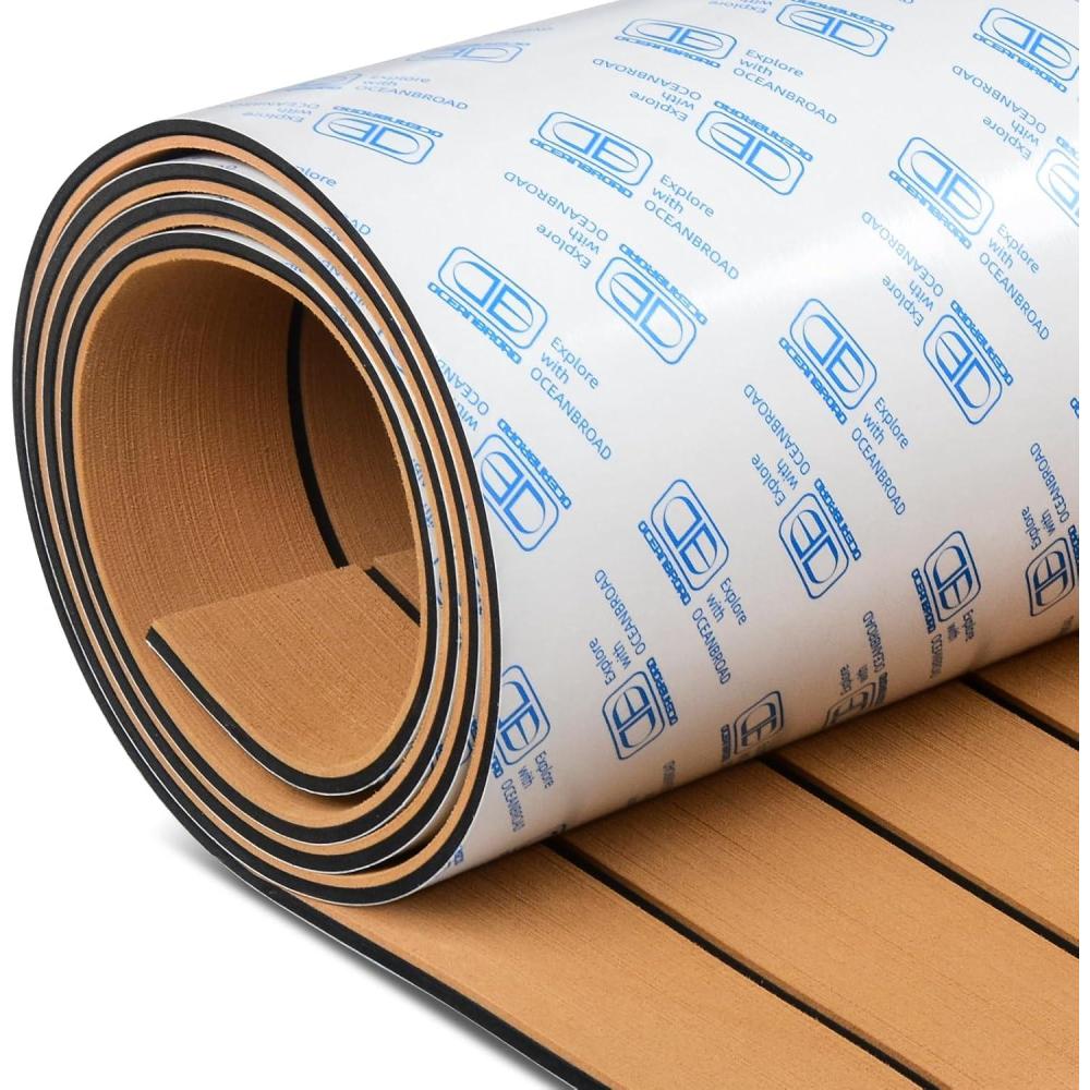 imageOCEANBROAD Boat Flooring EVA Foam SelfAdhesive 96x45636288168 Faux Teak Marine Boat Decking Sheet for Jon Boats Yacht FloorCamel Brown with Black Seam Lines