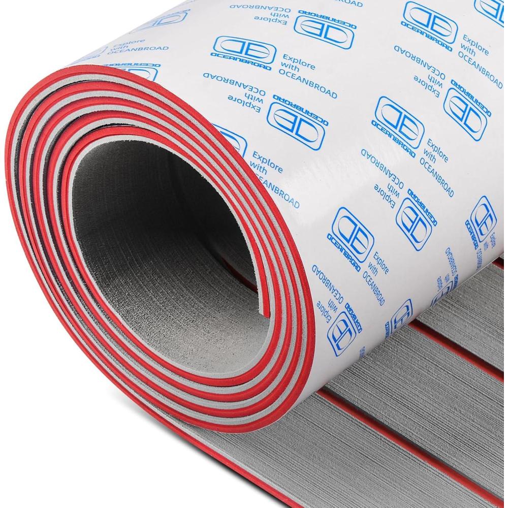 imageOCEANBROAD Boat Flooring EVA Foam SelfAdhesive 96x45636288168 Faux Teak Marine Boat Decking Sheet for Jon Boats Yacht FloorGray with Red Lines