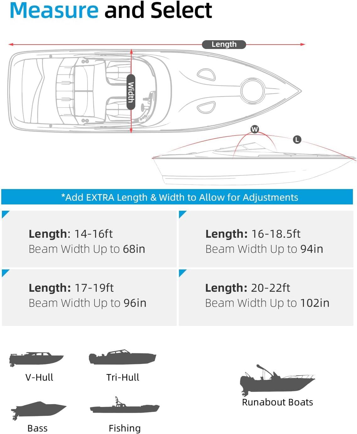 imageOCEANBROAD 1200D Boat Cover Waterproof for Bass VHull TriHull Fish Runabout Bowrider Boats Windproof AntiUV Cover with Storage Bag for 1719ft x 96in Gray