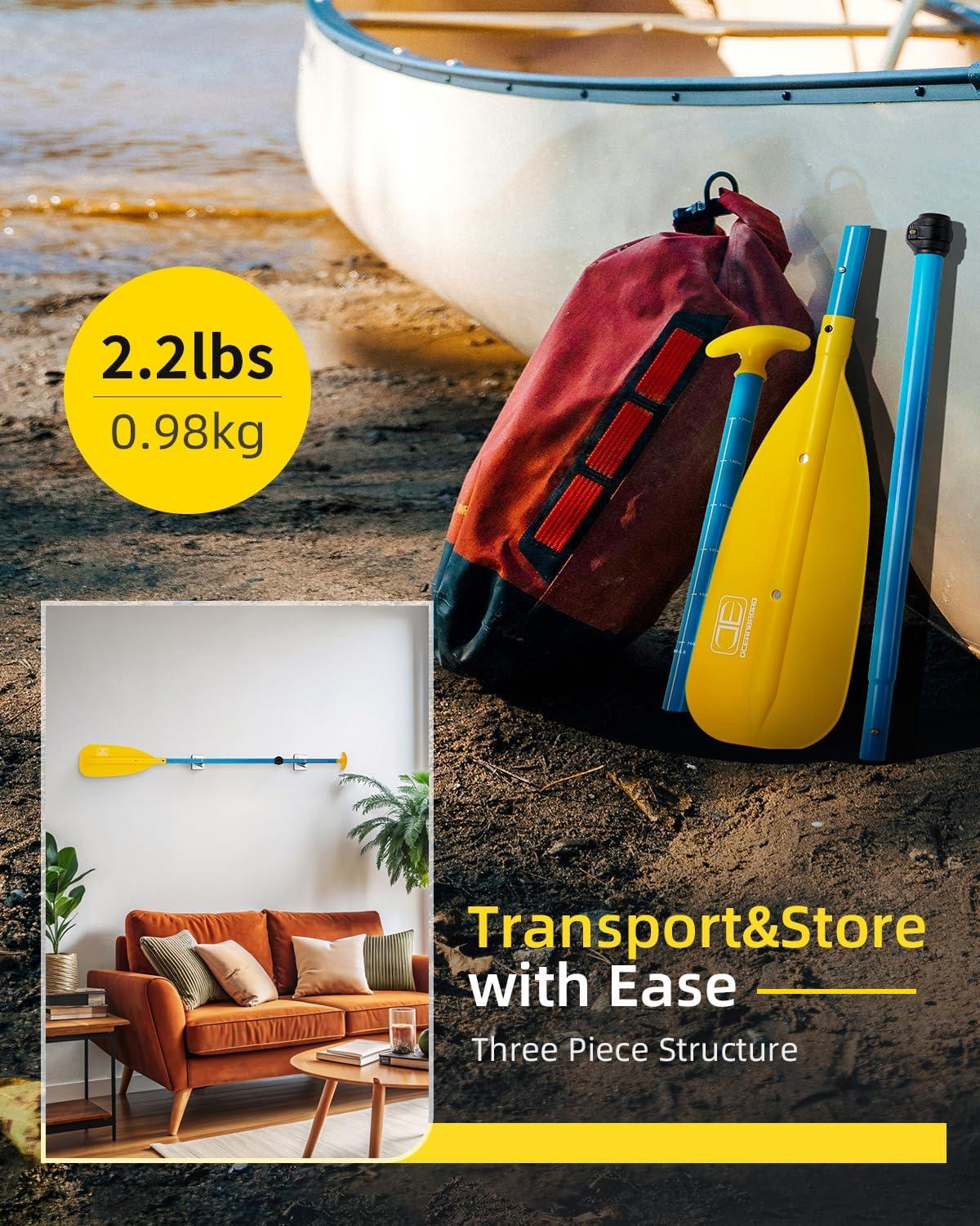 imageOCEANBROAD Canoe Paddle Adjustable from 43to 53130cm to 160cm Aluminum Shaft with Plastic Blade for Canoeing Boating Kayaking 3Piece Floatable OarYellow