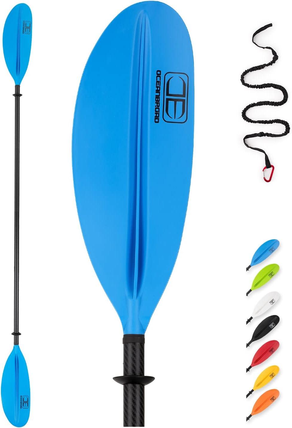 imageOCEANBROAD Carbon Fiber Kayak Paddle 905in230cm 86in218cm for Adults Kayaking Boating Canoeing Oar with Paddle LeashBlue