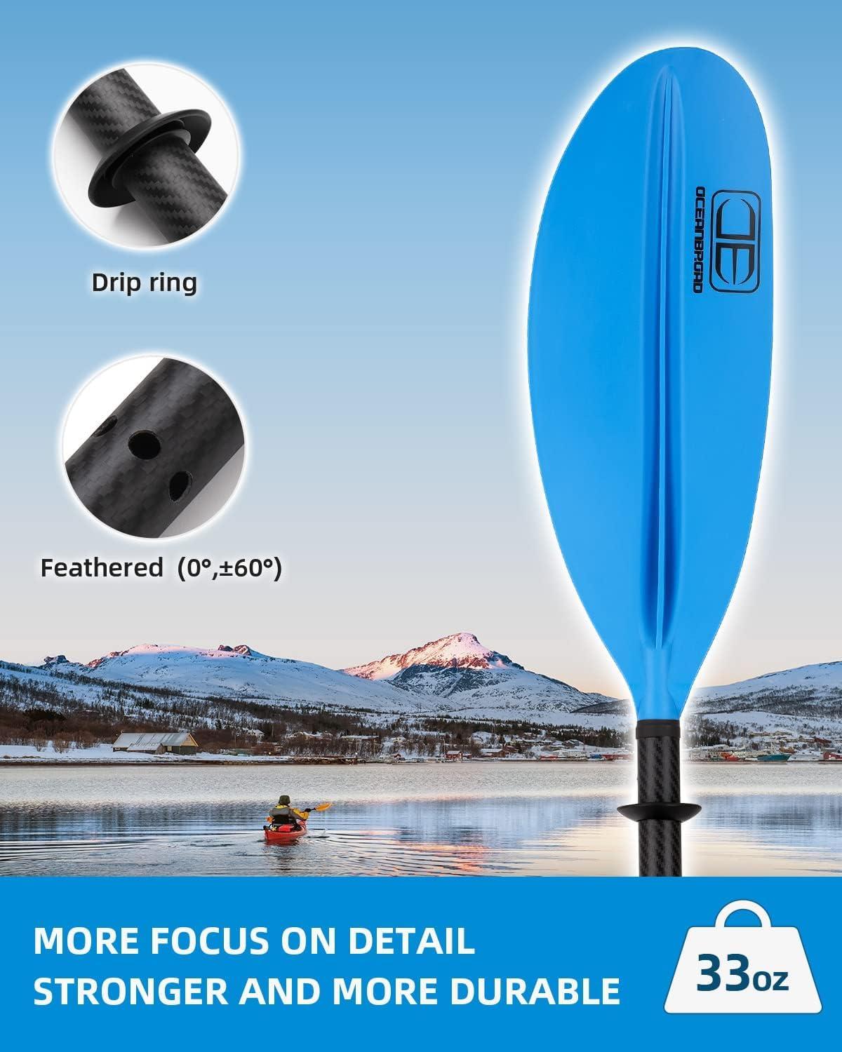 imageOCEANBROAD Carbon Fiber Kayak Paddle 905in230cm 86in218cm for Adults Kayaking Boating Canoeing Oar with Paddle LeashBlue