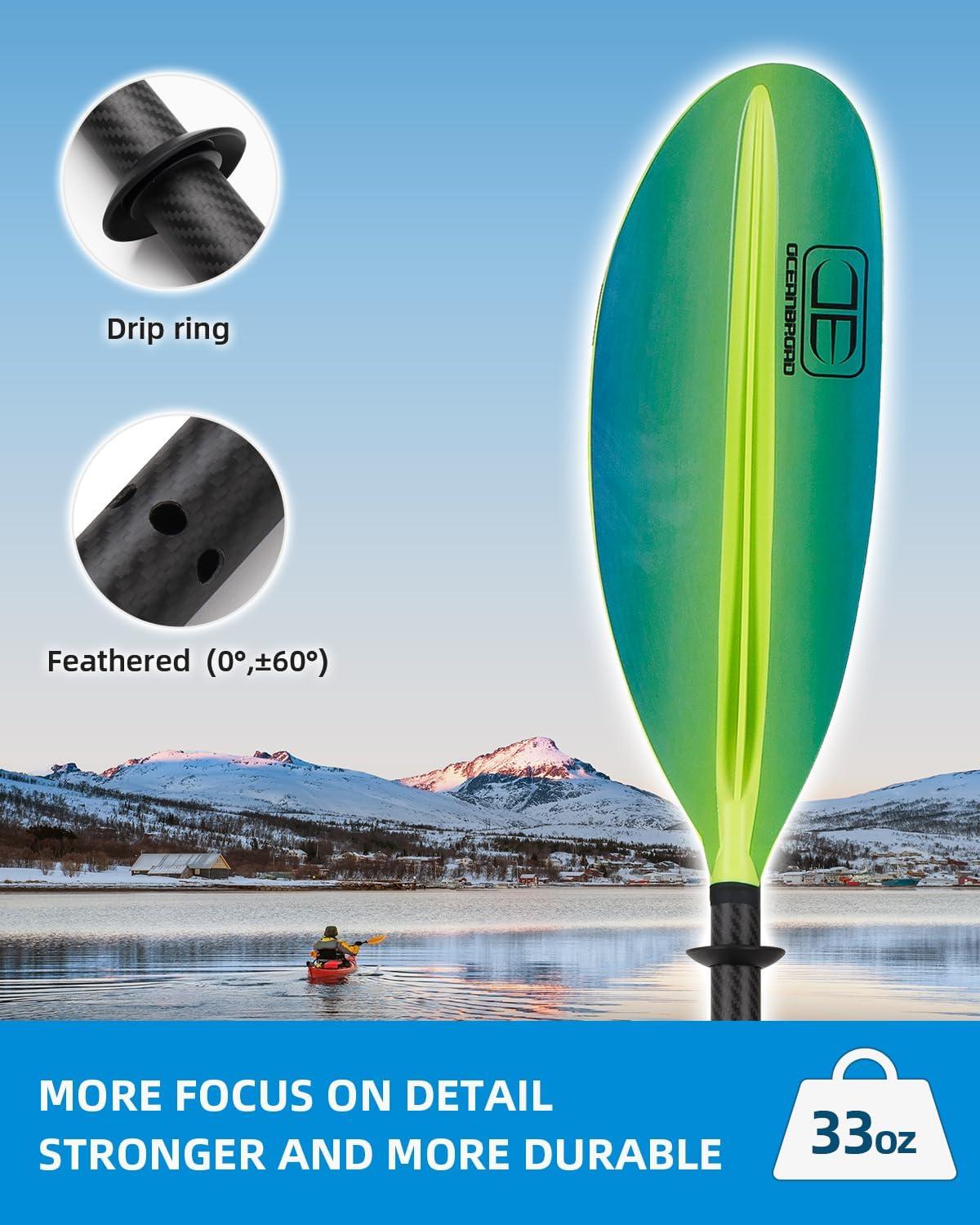 imageOCEANBROAD Carbon Fiber Kayak Paddle 905in230cm 86in218cm for Adults Kayaking Boating Canoeing Oar with Paddle LeashGreen Aurora