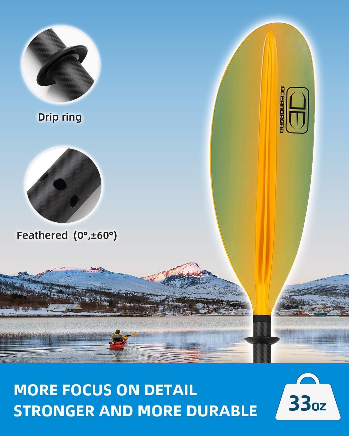 imageOCEANBROAD Carbon Fiber Kayak Paddle 905in230cm 86in218cm for Adults Kayaking Boating Canoeing Oar with Paddle LeashYellow Aurora