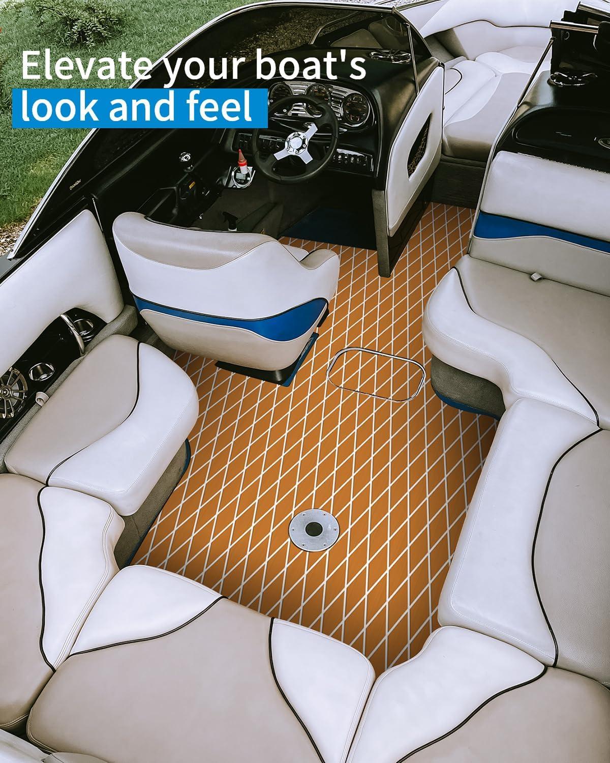 imageOCEANBROAD Diamond Pattern Boat Flooring SelfAdhesive EVA Foam Marine Decking NonSlip Sheet for Boats 96x235 Brown with White Lines